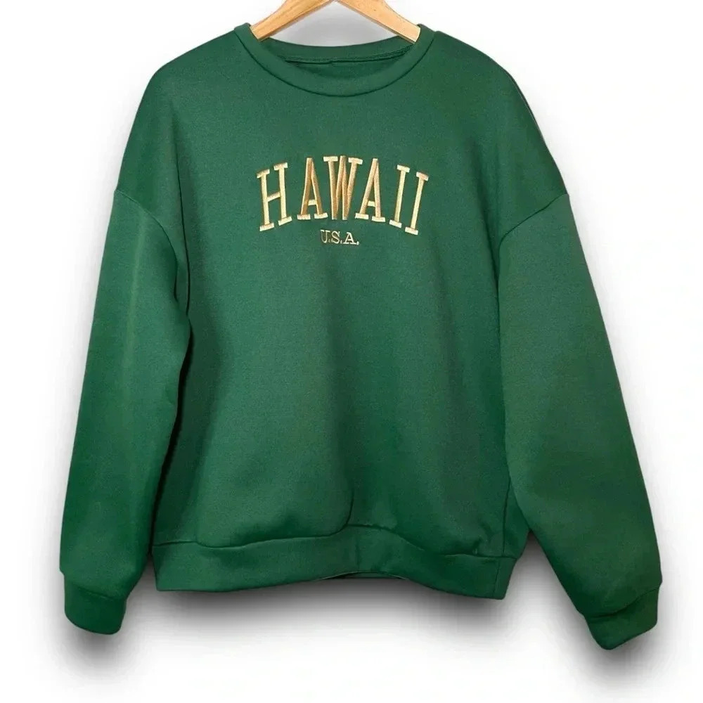 SHEIN Cozy Embroidered Gold HAWAII USA Green Crewneck Sweater Size SM/US 4